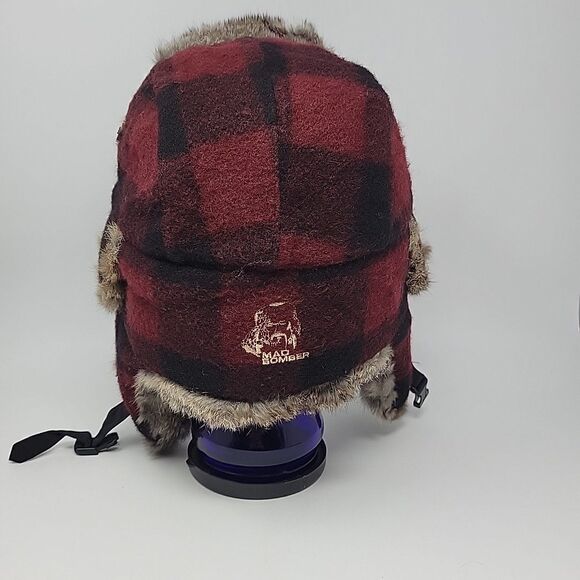 Mad Bomber Buffalo Plaid Red Black Wool Blend Trapper Hat Rabbit Fur Trim L - Picture 4 of 9